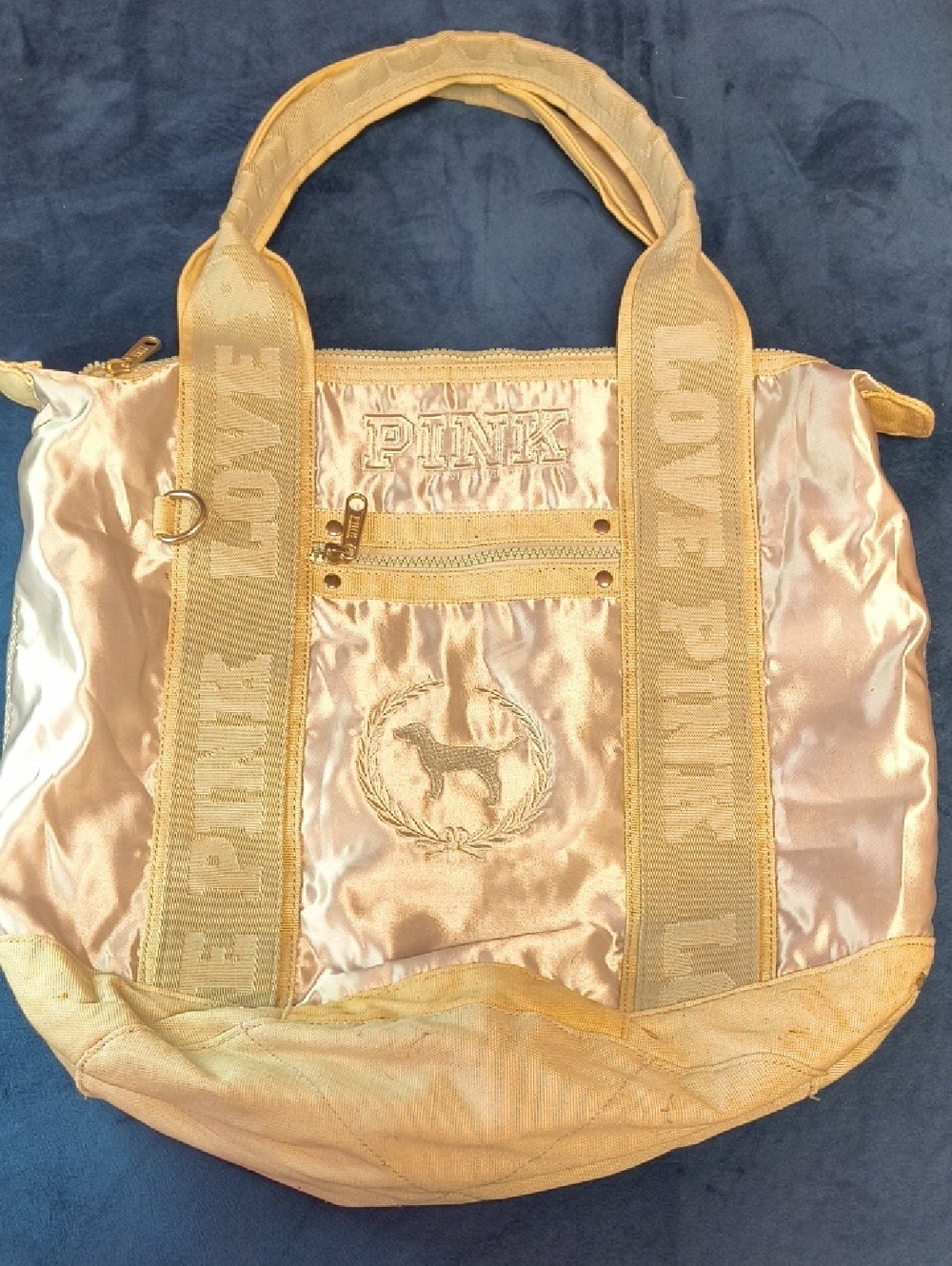 PINK Victoria's Secret Metallic Gold Satin Tote with Branded Webbing